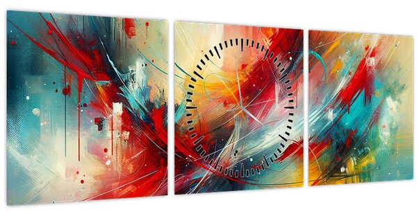 Obraz - Abstrakce s červenou (s hodinami) (90x30 cm)