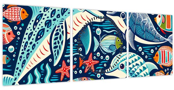Obraz - Kreslená vodní zvířátka (s hodinami) (90x30 cm)