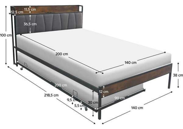 Kondela Postel NORDO 140x200 s roštem a výsuvnou přistýlkou černá/šedá
