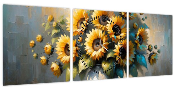 Obraz - Váza se slunečnicemi (s hodinami) (90x30 cm)