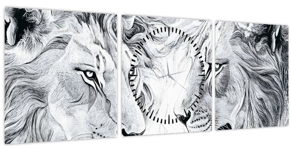 Obraz - Kreslené lví hlavy (s hodinami) (90x30 cm)