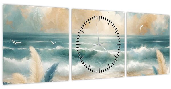 Obraz - Malovaná pláž v lehkých barvách (s hodinami) (90x30 cm)