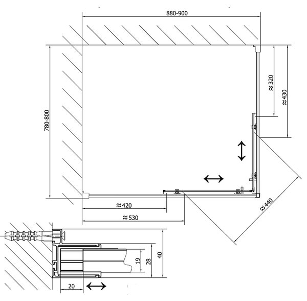 Obdélníkový sprchový kout EASY LINE 900x800mm L/R varianta