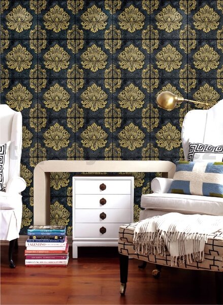 Samolepící pěnové 3D panely RS065-D12, cena za kus, rozměr 68 x 67,5 cm, ornamenty zlaté na černém podkladu, IMPOL TRADE