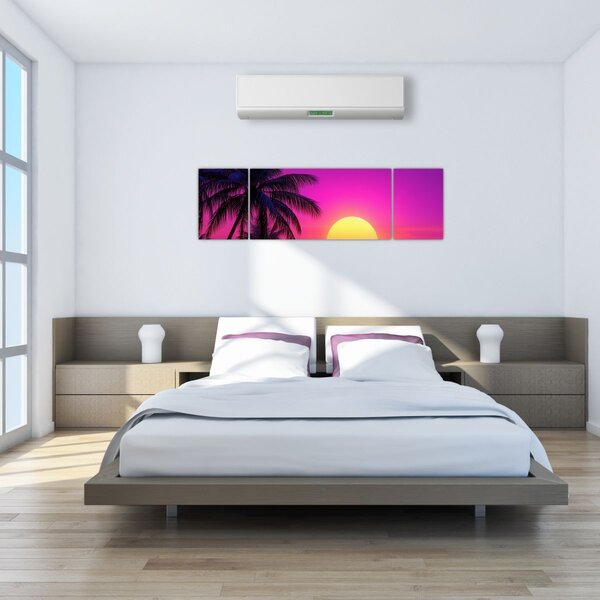 Obraz - Fialový západ s palmou (170x50 cm)