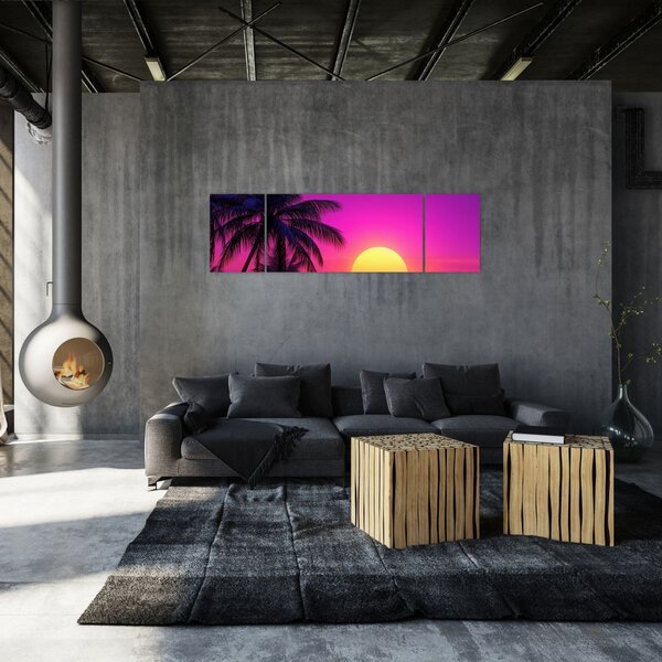 Obraz - Fialový západ s palmou (170x50 cm)