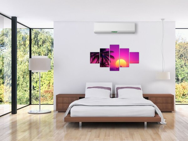 Obraz - Fialový západ s palmou (125x70 cm)