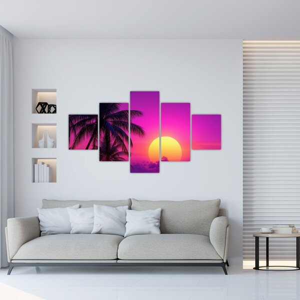 Obraz - Fialový západ s palmou (125x70 cm)