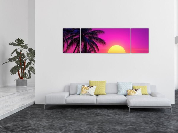 Obraz - Fialový západ s palmou (170x50 cm)