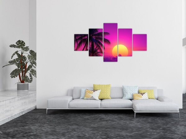 Obraz - Fialový západ s palmou (125x70 cm)