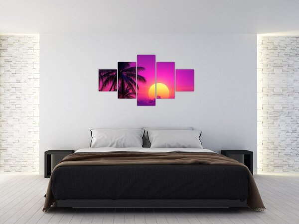 Obraz - Fialový západ s palmou (125x70 cm)