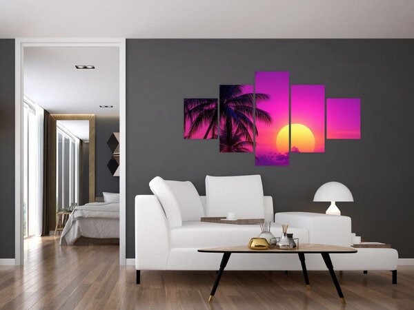 Obraz - Fialový západ s palmou (125x70 cm)