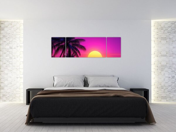 Obraz - Fialový západ s palmou (170x50 cm)