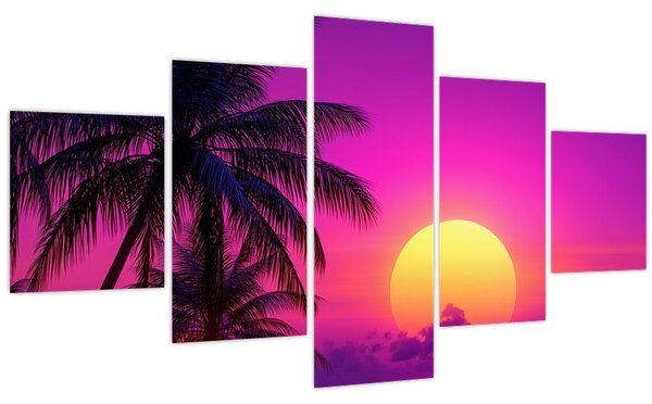 Obraz - Fialový západ s palmou (125x70 cm)