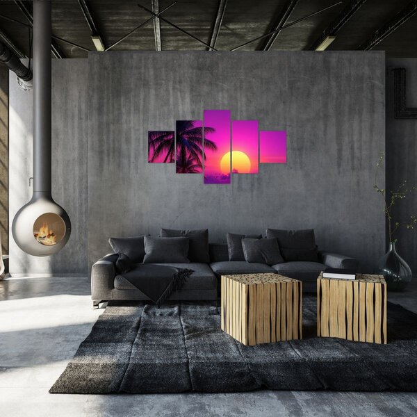 Obraz - Fialový západ s palmou (125x70 cm)