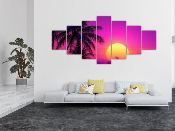 Obraz - Fialový západ s palmou (210x100 cm)