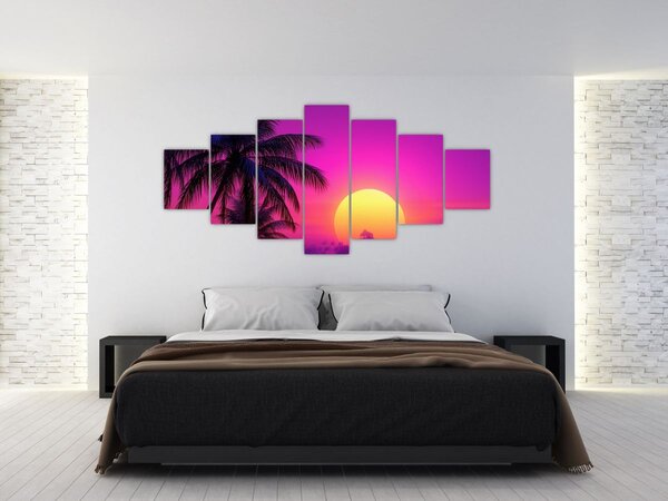 Obraz - Fialový západ s palmou (210x100 cm)