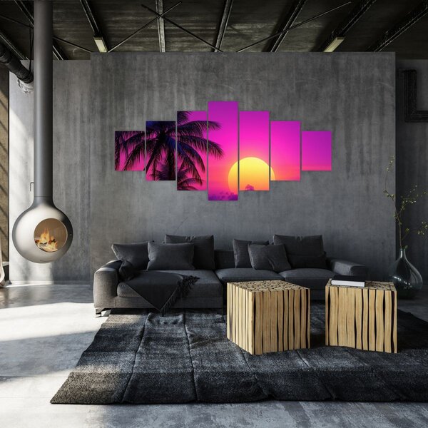 Obraz - Fialový západ s palmou (210x100 cm)