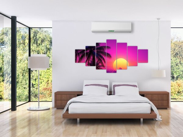 Obraz - Fialový západ s palmou (210x100 cm)