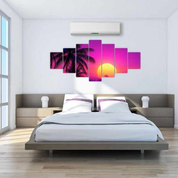 Obraz - Fialový západ s palmou (210x100 cm)