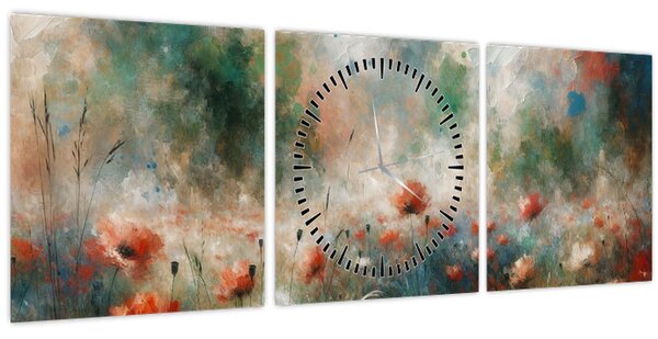 Obraz - Abstrakce pole s vlčími máky (s hodinami) (90x30 cm)