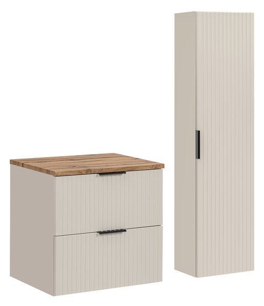 Comad Set koupelnového nábytku Adel Cashmere 60 kašmír mat s vysokou skříňkou se zásuvkami deska dub wotan