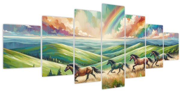 Obraz - Koni cválající krajinou (210x100 cm)