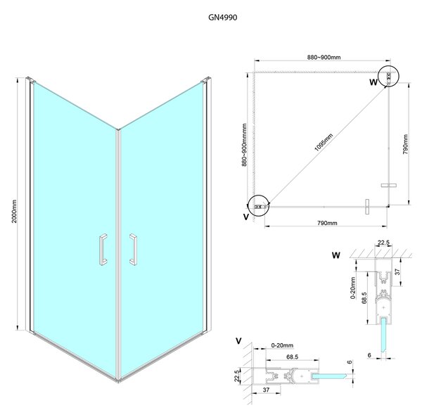 Rohový sprchový kout LORO 900x900 mm, rohový vstup