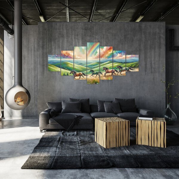 Obraz - Koni cválající krajinou (210x100 cm)
