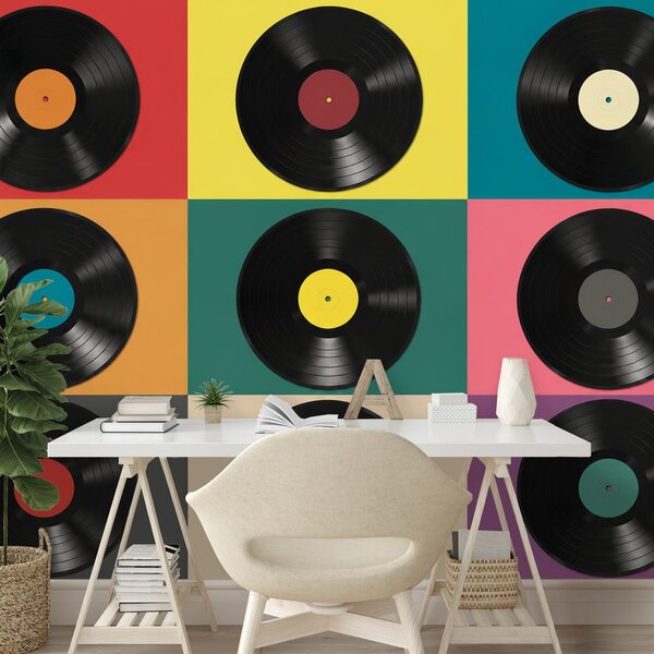 Fototapeta retro vinylové desky na barevném pozadí