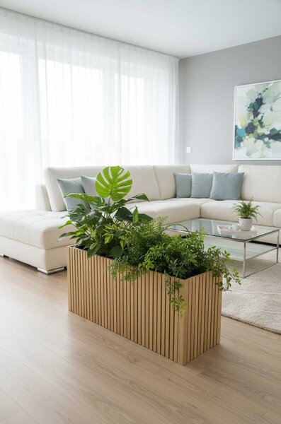 Dřevěný truhlík MAXI, s příčkami, akácie, šířka 84 cm, hnědá