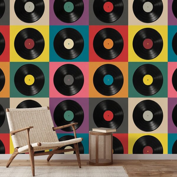 Tapeta retro vinylové desky na barevném pozadí