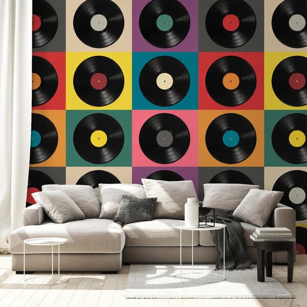 Tapeta retro vinylové desky na barevném pozadí