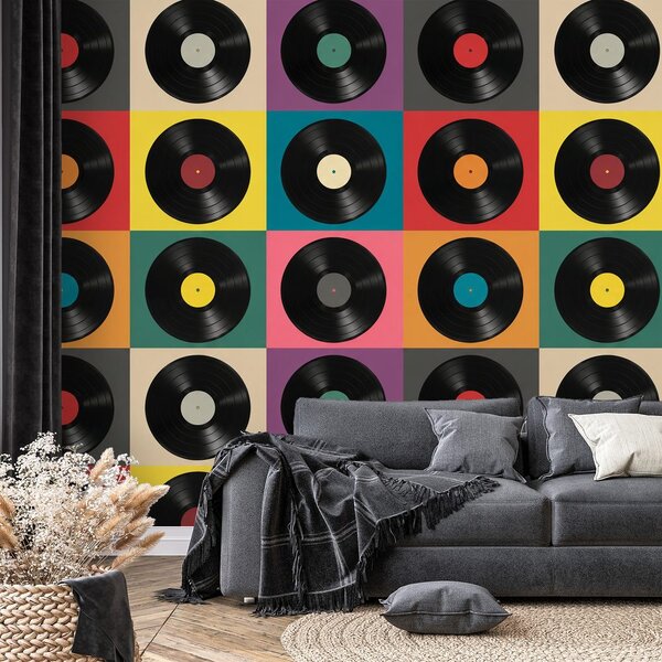 Tapeta retro vinylové desky na barevném pozadí