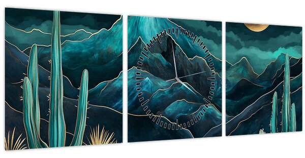 Obraz - Tyrkysová noc (s hodinami) (90x30 cm)