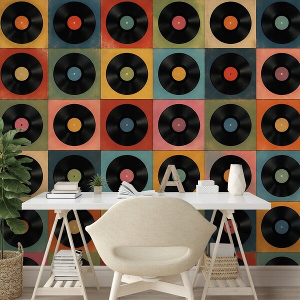 Tapeta retro vinylové desky na barevném pozadí