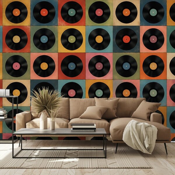 Tapeta retro vinylové desky na barevném pozadí