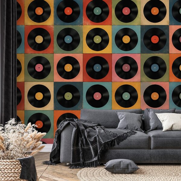 Tapeta retro vinylové desky na barevném pozadí