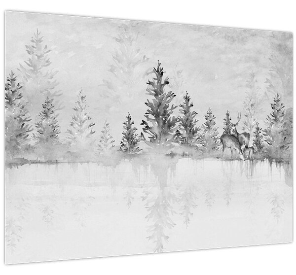 Obraz - Jeleni u jezera (70x50 cm)