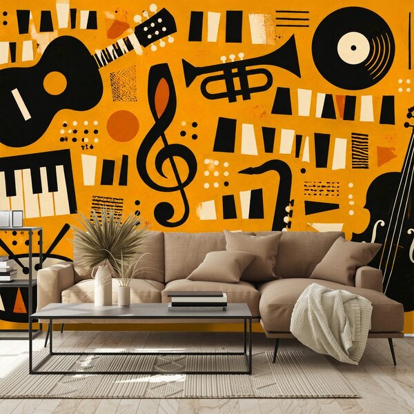 Tapeta retro hudební nástroje na oranžové