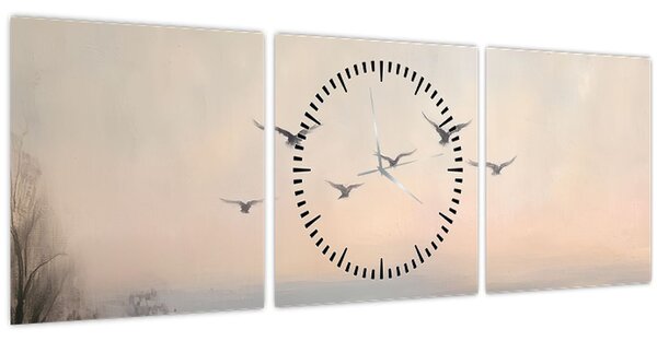 Obraz - Hejno ptáků (s hodinami) (90x30 cm)