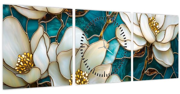 Obraz - Vitráž s Magnólií (s hodinami) (90x30 cm)