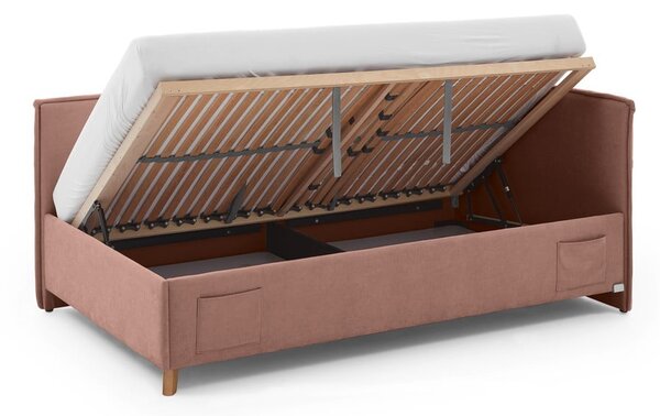 Růžová čalouněná rohová dětská postel s úložným prostorem s roštem 140x200 cm Fun – Meise Möbel