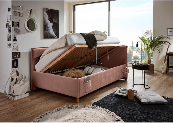 Růžová čalouněná rohová dětská postel s úložným prostorem s roštem 140x200 cm Fun – Meise Möbel