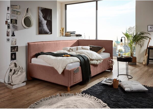 Růžová čalouněná rohová dětská postel s úložným prostorem s roštem 140x200 cm Fun – Meise Möbel