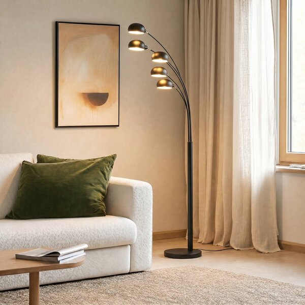 Lindby Stojací lampa Jewa, černá, kov, 5 světel, E14, Černá, Obývací pokoj / jídelna, kov, Moderní, oblouková lampa