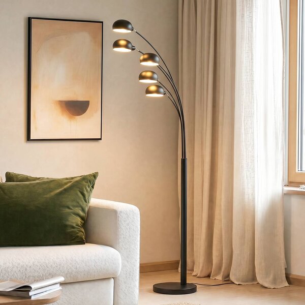 Lindby Stojací lampa Jewa, černá, kov, 5 světel, E14, Černá, Obývací pokoj / jídelna, kov, Moderní, oblouková lampa