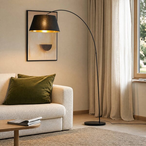 Lindby Stojací lampa Esti, černá/zlatá, látka, výška 192 cm, Černá, Obývací pokoj / jídelna, Textil / tkanina / hedvábí, Moderní