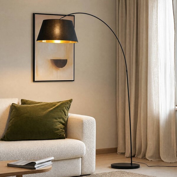 Lindby Stojací lampa Esti, černá/zlatá, látka, výška 192 cm, Černá, Obývací pokoj / jídelna, Textil / tkanina / hedvábí, Moderní