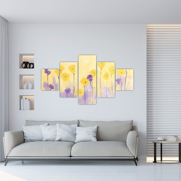 Obraz - Fialové a žluté kvítky (125x70 cm)
